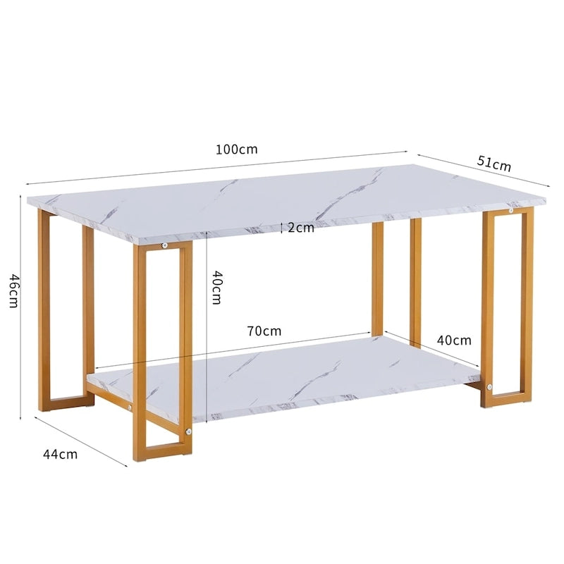 39.37  L MDF Rectangle Tabletop Iron Coffee Table , Dining Room, Coffee Shop, Resterant, White Top, Gold Leg