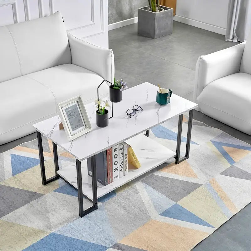 39.37  L MDF Rectangle Tabletop Iron Coffee Table , Dining Room, Coffee Shop, Resterant, White Top, Gold Leg