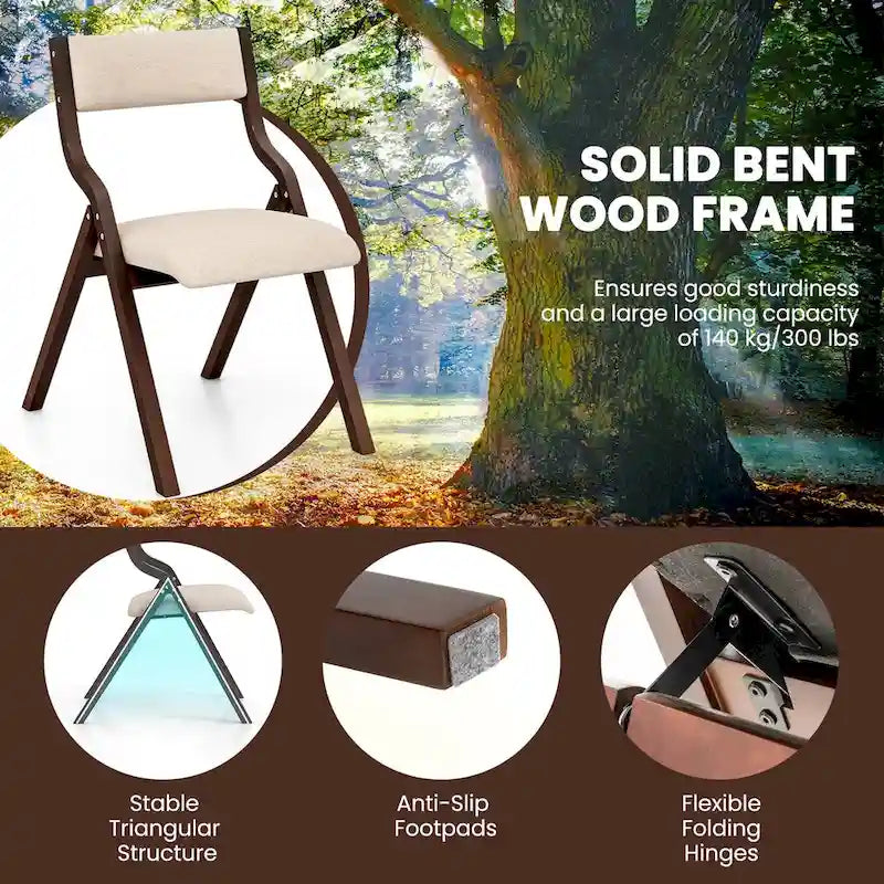 2PCS Folding Dining Chair Wooden Upholstered Linen Fabric Padded Seat