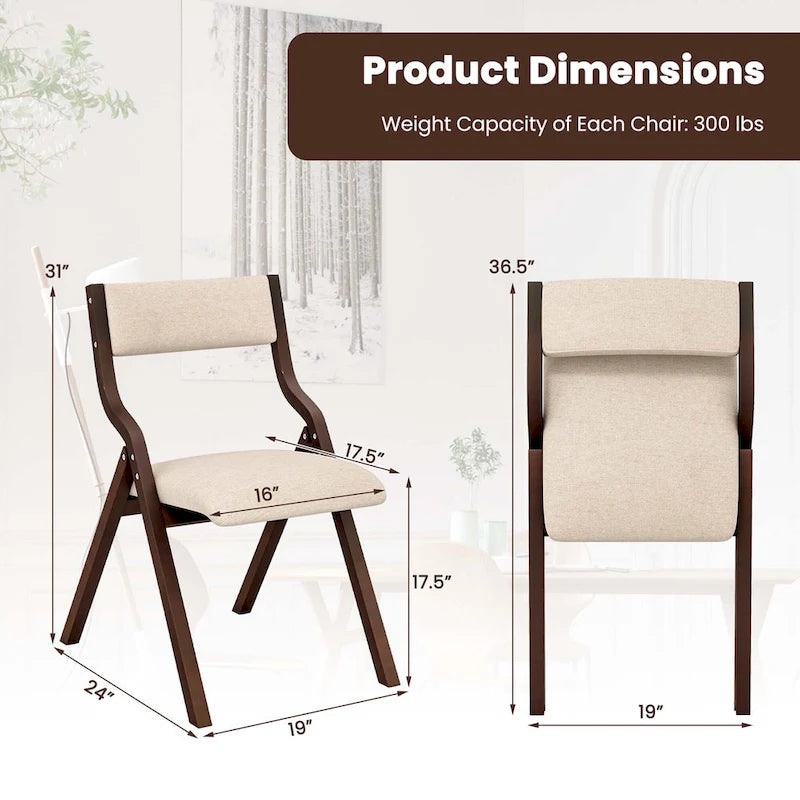 2PCS Folding Dining Chair Wooden Upholstered Linen Fabric Padded Seat
