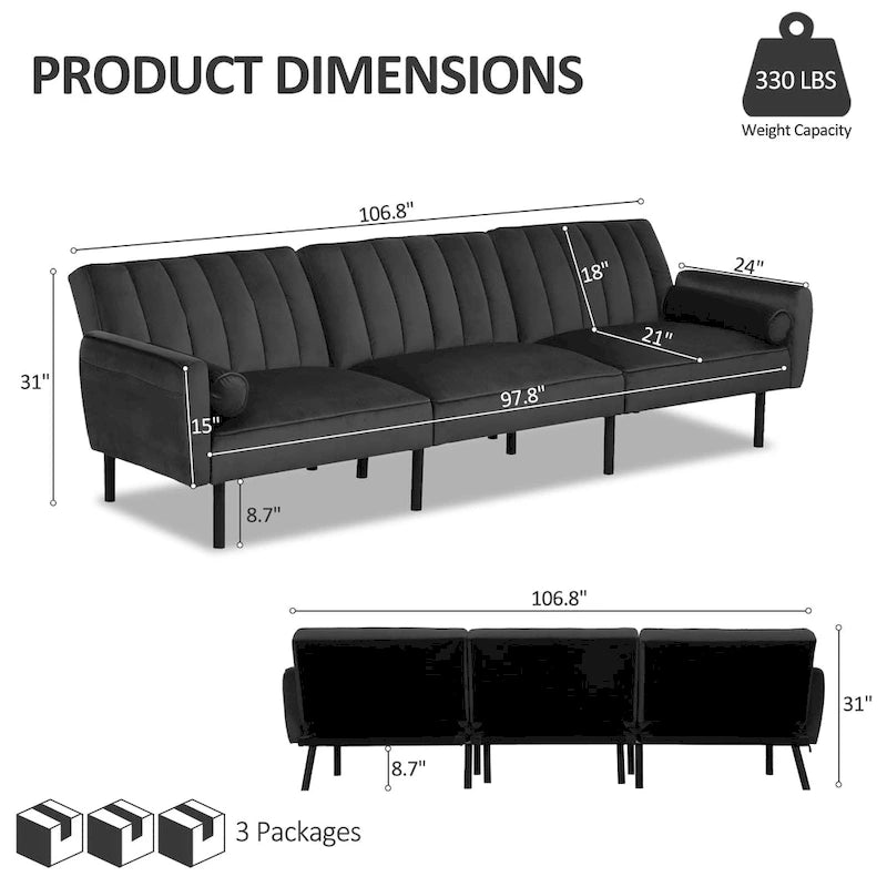 3-Seater Convertible Sleeper Couch, Sectional Sleeper Sofa Bed with Charging Ports for Apartment - 3-Person