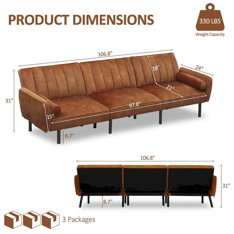 3-Seater Convertible Sleeper Couch, Sectional Sleeper Sofa Bed with Charging Ports for Apartment - 3-Person