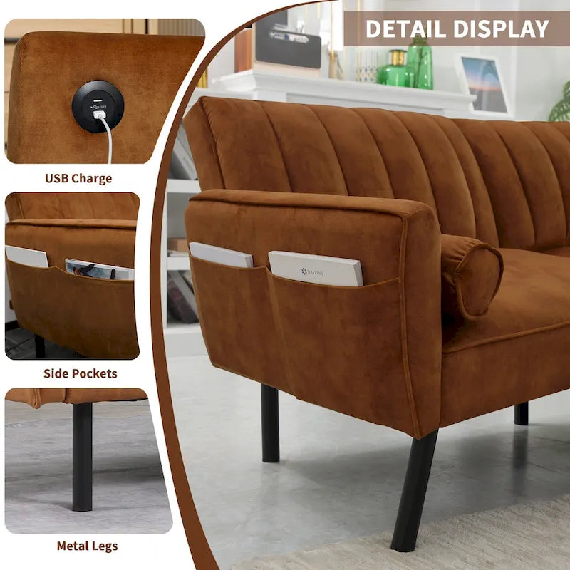 3-Seater Convertible Sleeper Couch, Sectional Sleeper Sofa Bed with Charging Ports for Apartment - 3-Person