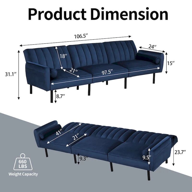 3-Seater Convertible Sleeper Couch, Sectional Sleeper Sofa Bed with Charging Ports for Apartment - 3-Person