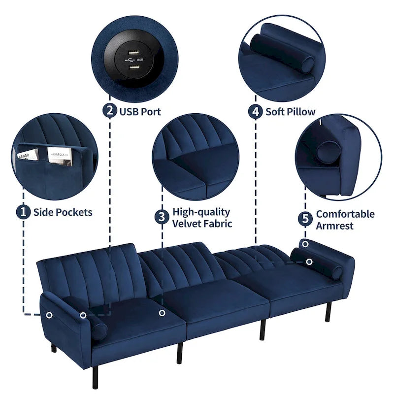 3-Seater Convertible Sleeper Couch, Sectional Sleeper Sofa Bed with Charging Ports for Apartment - 3-Person