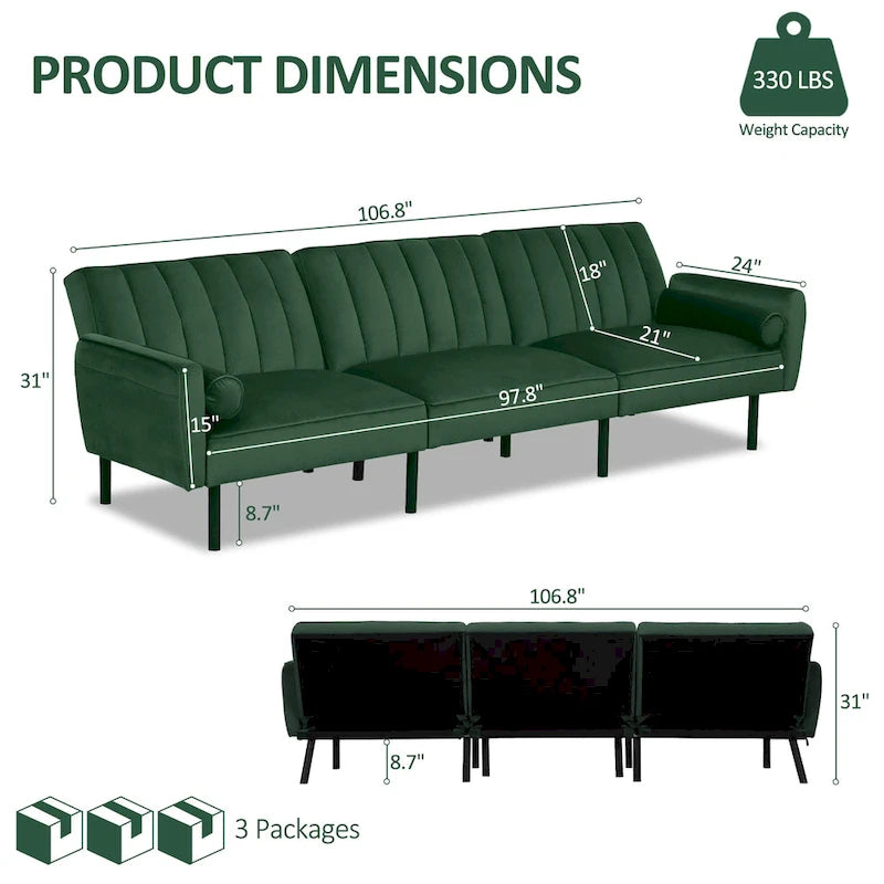 3-Seater Convertible Sleeper Couch, Sectional Sleeper Sofa Bed with Charging Ports for Apartment - 3-Person