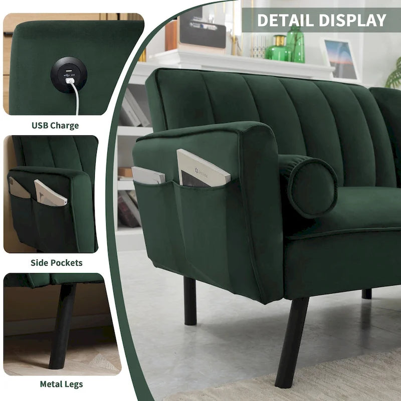 3-Seater Convertible Sleeper Couch, Sectional Sleeper Sofa Bed with Charging Ports for Apartment - 3-Person