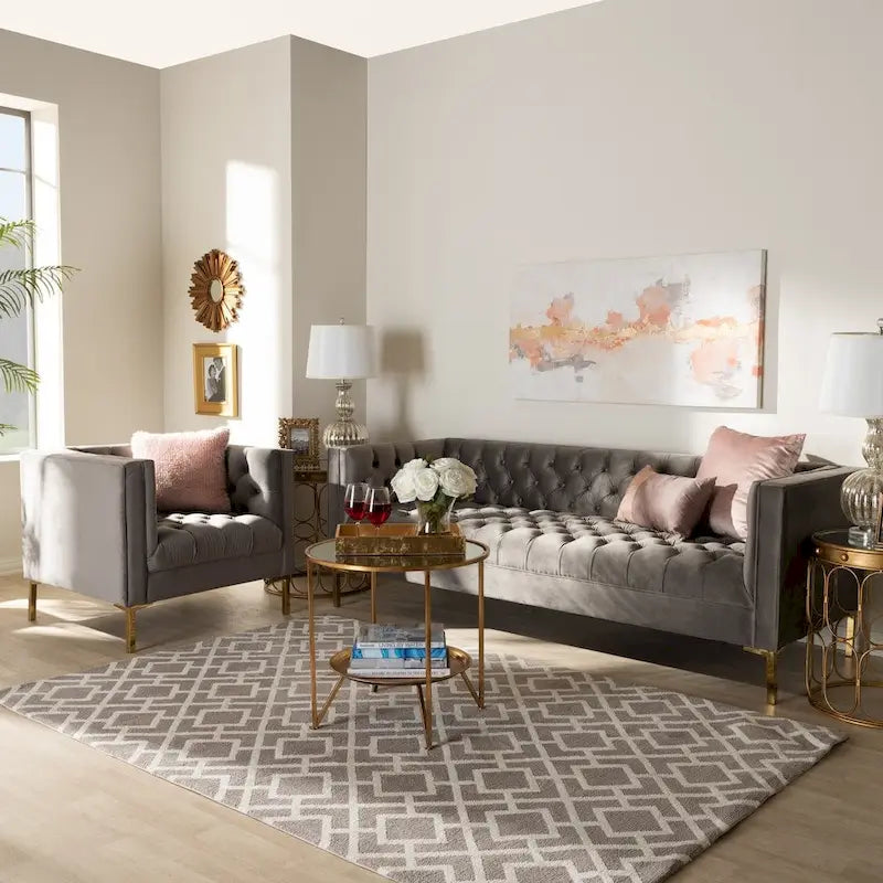 Glam Velvet and Gold Finished 2-Piece Sofa and Lounge Chair Set