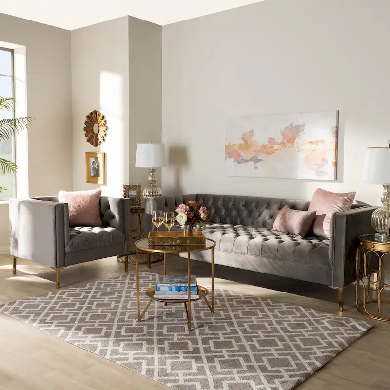 Glam Velvet and Gold Finished 2-Piece Sofa and Lounge Chair Set