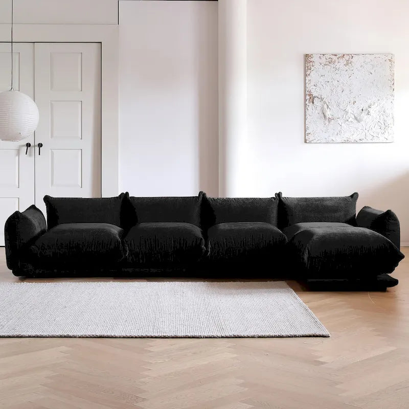 Modern Black Chenille Sectional Sofa Comfy Modular Couch with Ottoman