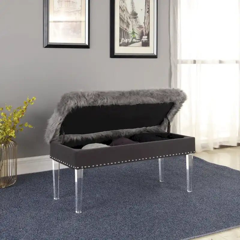 20 Inch Horice Faux Fur Nailhead Storage Bench with Acrylic Leg
