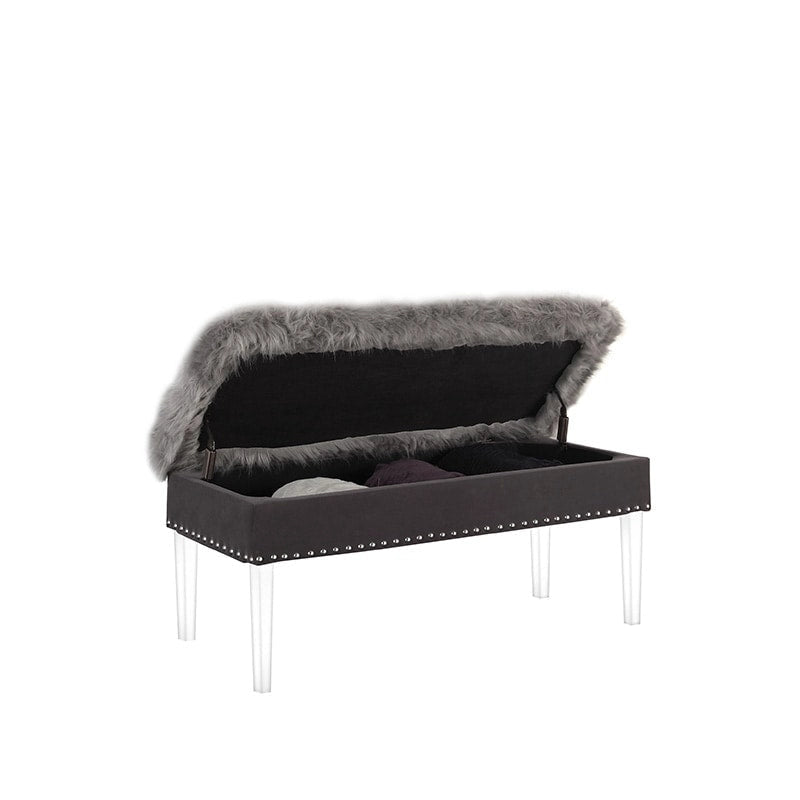 20 Inch Horice Faux Fur Nailhead Storage Bench with Acrylic Leg