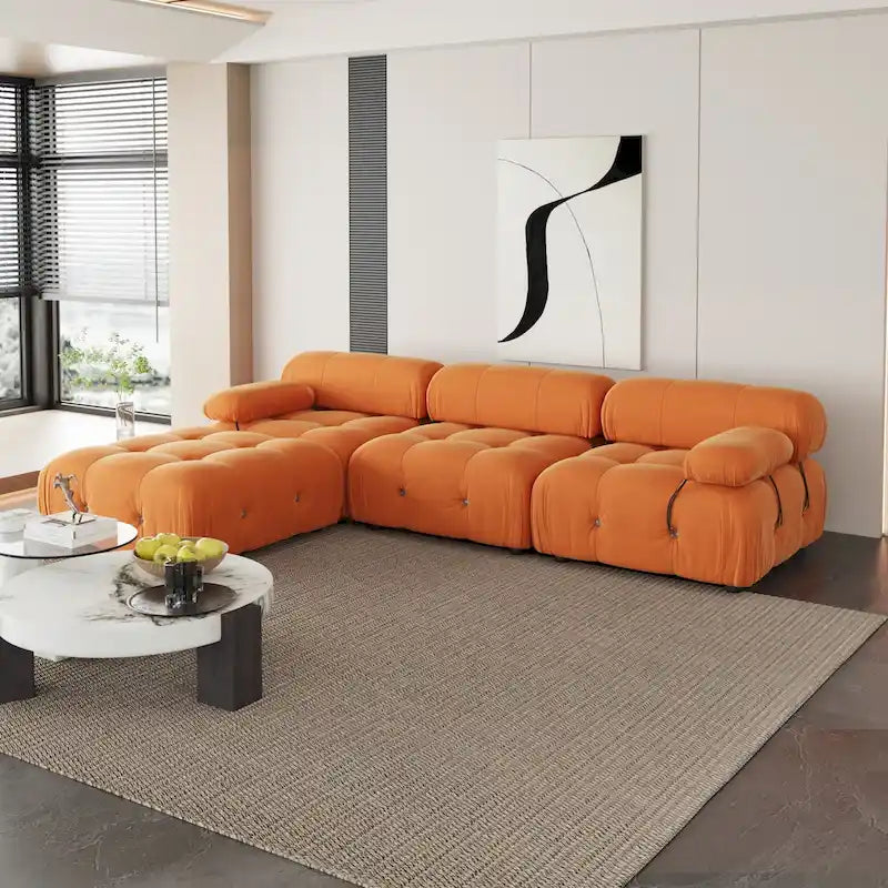 L-Shaped Velvet Sectional Sofa with Ottoman