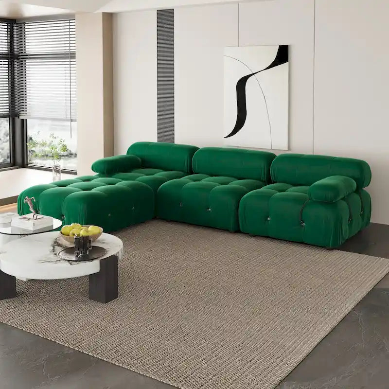 L-Shaped Velvet Sectional Sofa with Ottoman