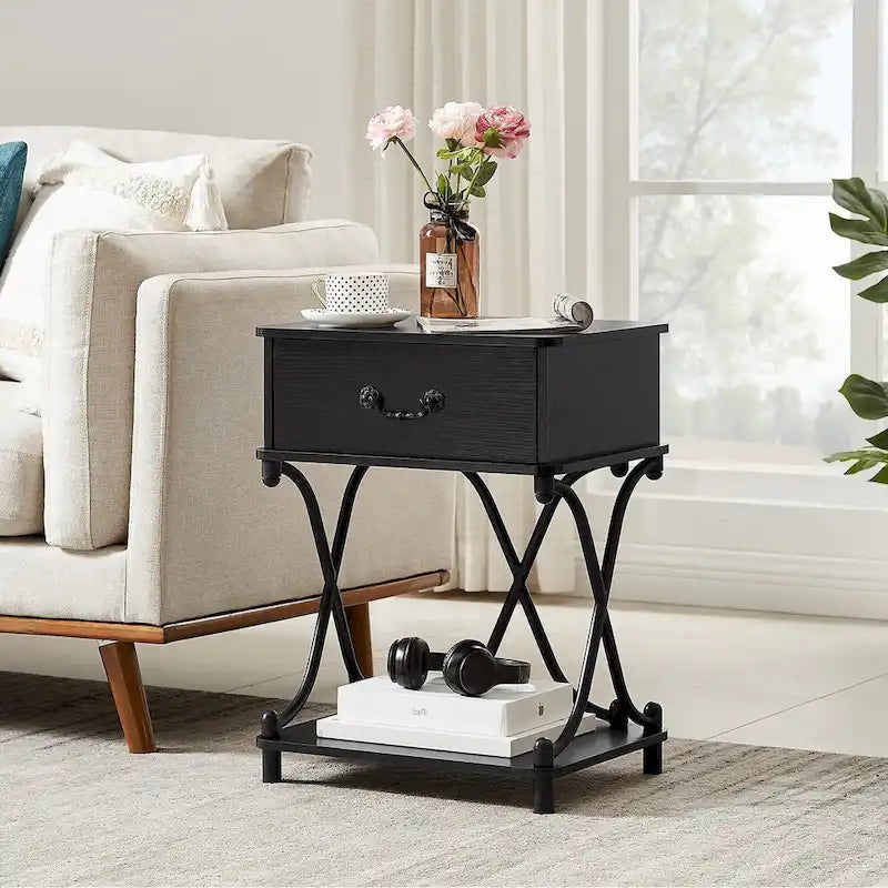 Modern Nightstand with 1-Drawer and Storage Shelf, X-design End Side Table