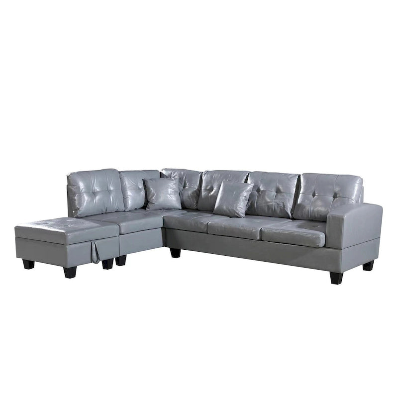 Faux Leather Left Chaise Living Room Sofa Set with Storage Ottoman