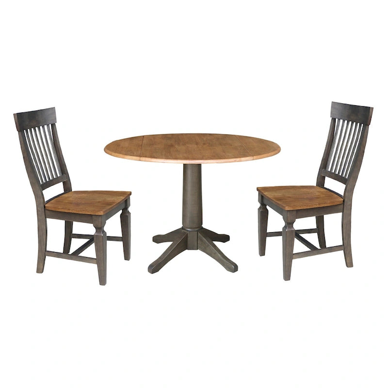 42 in. Round Dual Drop Leaf Dining Table with 2 Slatback Chairs in Hickory/Washed Coal