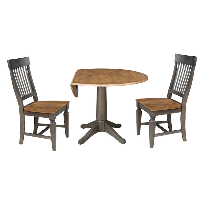 42 in. Round Dual Drop Leaf Dining Table with 2 Slatback Chairs in Hickory/Washed Coal