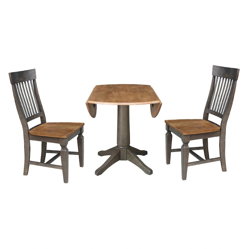 42 in. Round Dual Drop Leaf Dining Table with 2 Slatback Chairs in Hickory/Washed Coal