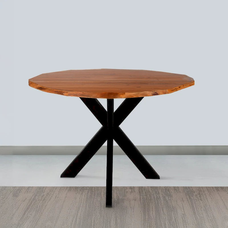 Kuri 41 Inch Handcrafted Live Edge Round Dining Table with a Natural Brown Acacia Wood Top and Black Iron Legs