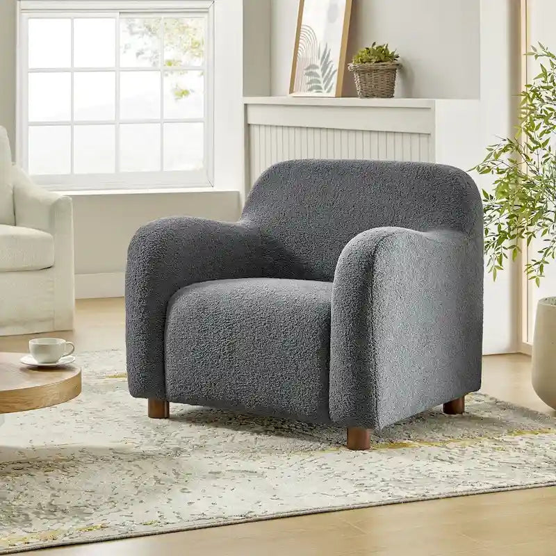 Wayne 35  Wide Boucle Upholstered Teddy Accent Chair with Solid Wood Legs by HULALA HOME