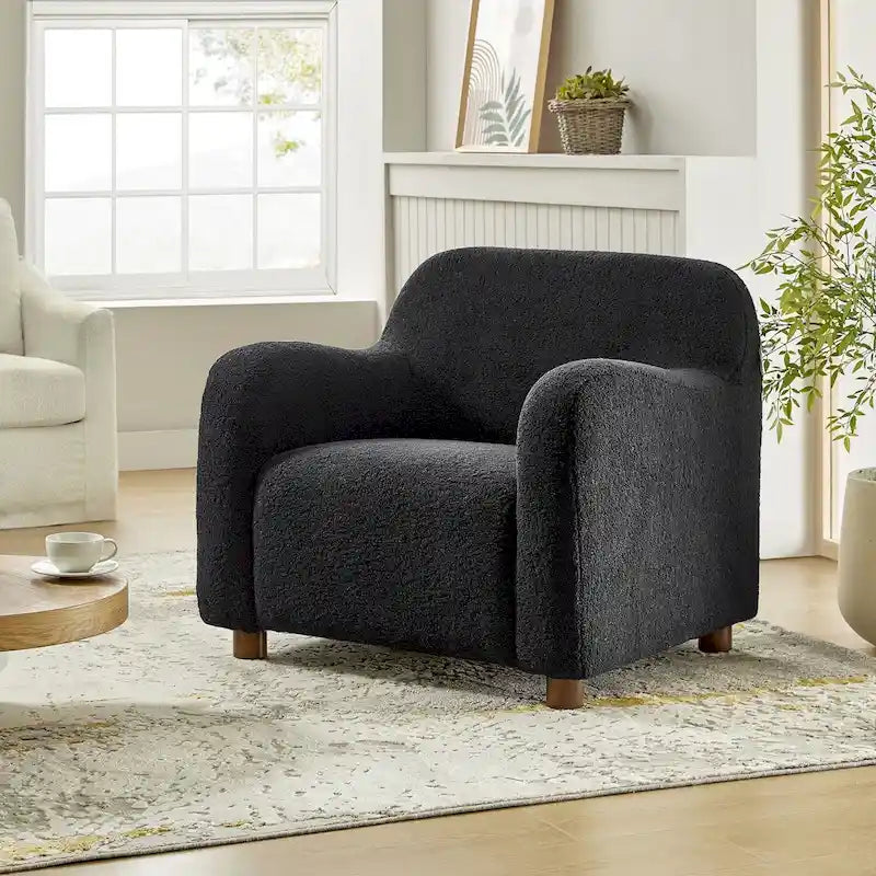 Wayne 35  Wide Boucle Upholstered Teddy Accent Chair with Solid Wood Legs by HULALA HOME