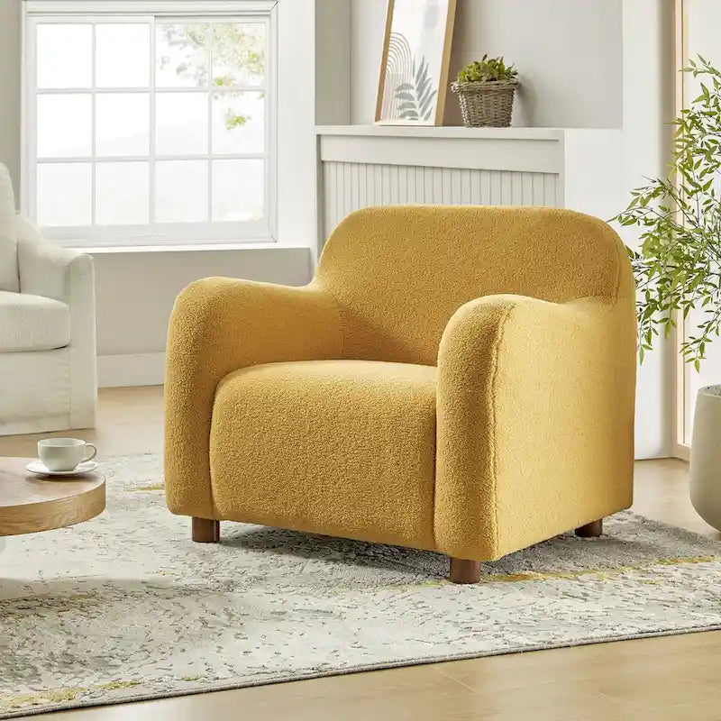 Wayne 35  Wide Boucle Upholstered Teddy Accent Chair with Solid Wood Legs by HULALA HOME
