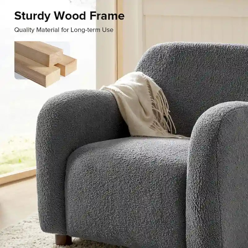 Wayne 35  Wide Boucle Upholstered Teddy Accent Chair with Solid Wood Legs by HULALA HOME