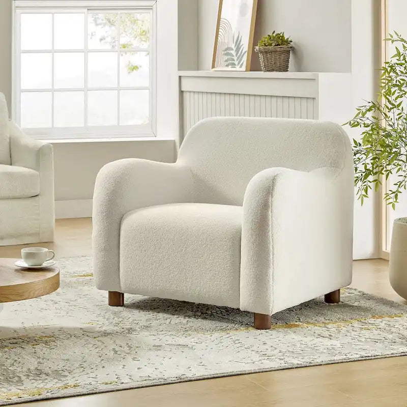 Wayne 35  Wide Boucle Upholstered Teddy Accent Chair with Solid Wood Legs by HULALA HOME
