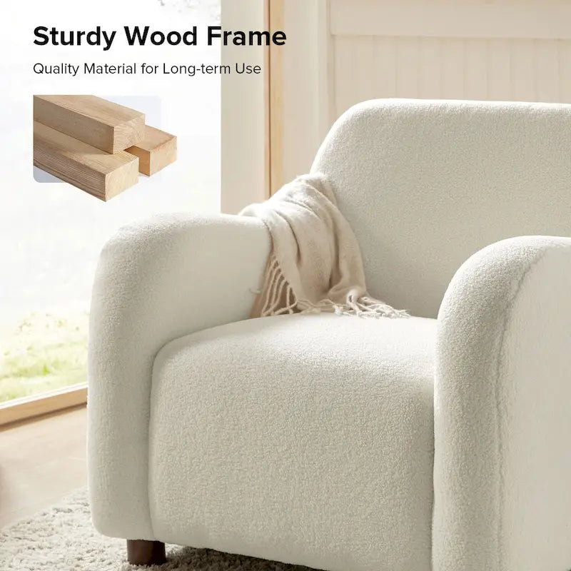 Wayne 35  Wide Boucle Upholstered Teddy Accent Chair with Solid Wood Legs by HULALA HOME