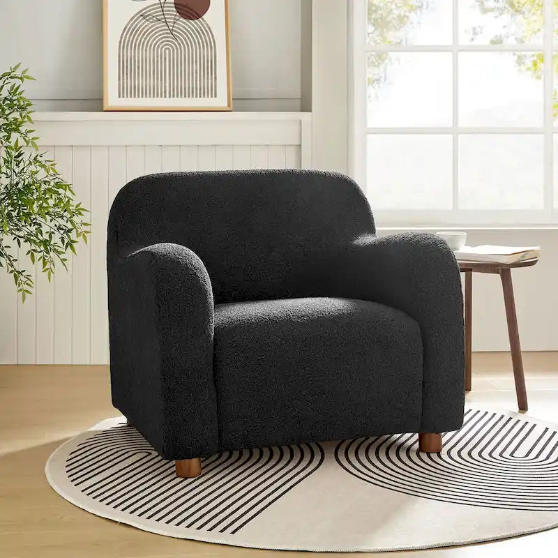 Wayne 35  Wide Boucle Upholstered Teddy Accent Chair with Solid Wood Legs by HULALA HOME