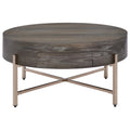 1 Drawer Round Modern Coffee Table with Crossed Metal Legs, Brown and Gold - 16 H x 32 W x 32 L Inches