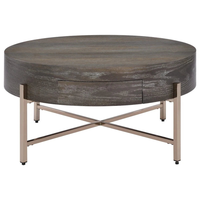 1 Drawer Round Modern Coffee Table with Crossed Metal Legs, Brown and Gold - 16 H x 32 W x 32 L Inches