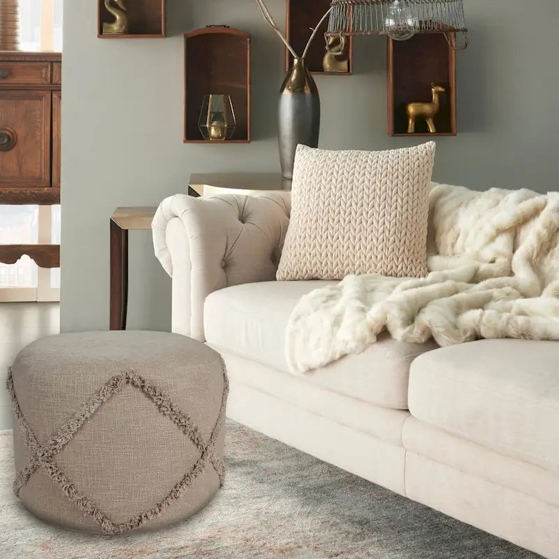 18  Brown Solid Texture Diamond Round Pouf Ottoman