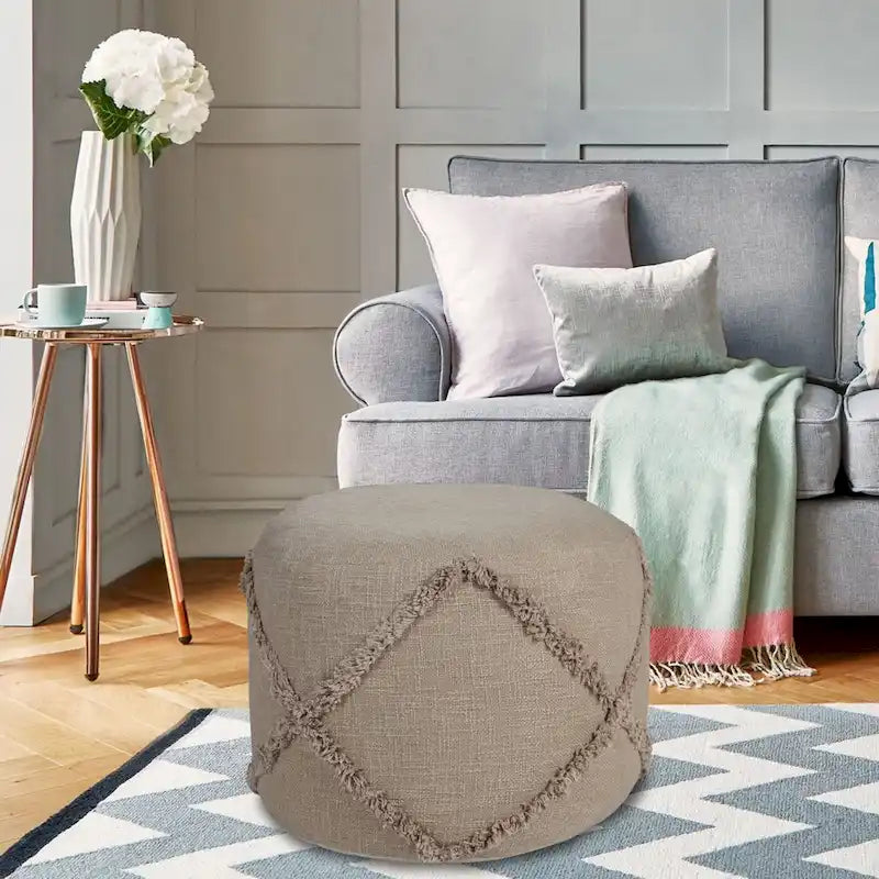 18  Brown Solid Texture Diamond Round Pouf Ottoman