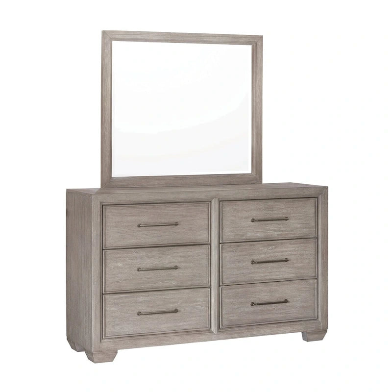 Roundhill Furniture Ennesley Gray Wood Bedroom Set with Upholstered Panel Bed, Dresser, Mirror, Nightstand, and Chest