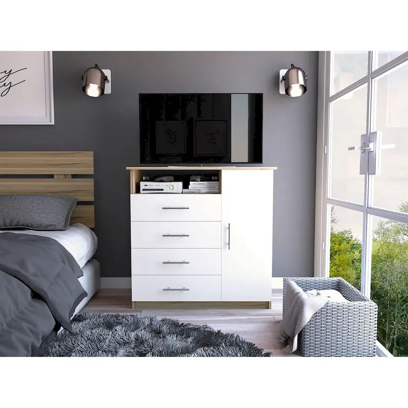 4 Drawer Dresser, Single Door Cabinet, One Open Shelf, Superior Top