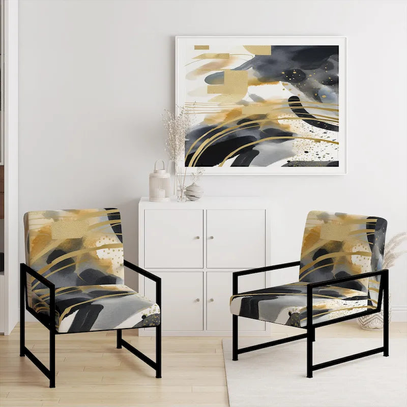 Designart  Pastel Abstract With Blue Black & Gold Spots III  Upholstered Fractals Accent Chair and Modern Arm Chair