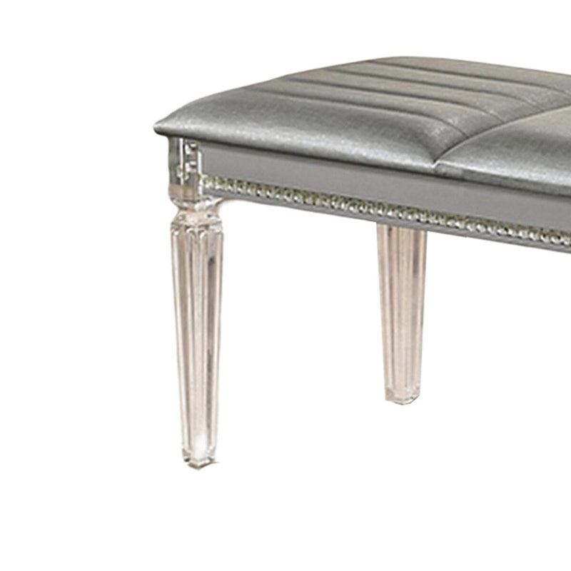 Sam 54 Inch Modern Upholstered Bench, Clear Acrylic Legs, Crystal Accents