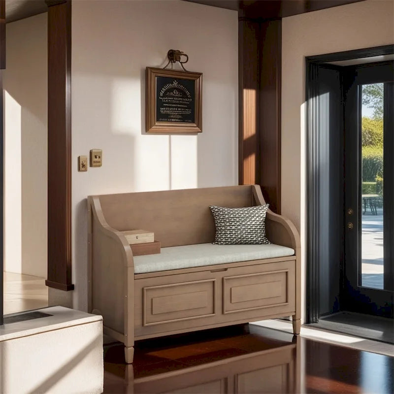 Solid wood Entryway Multifunctional Storage Bench with Safety Hinge