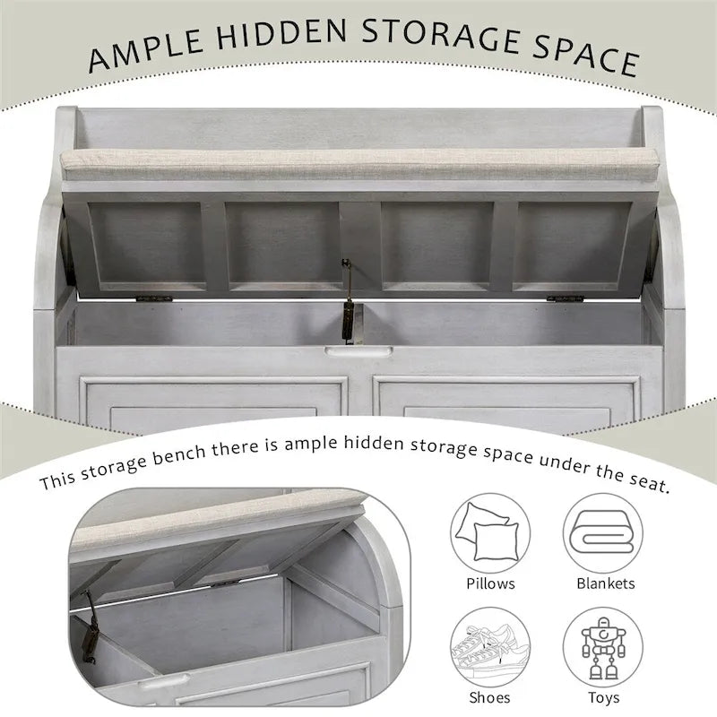 Solid wood Entryway Multifunctional Storage Bench with Safety Hinge