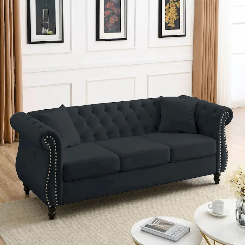 3-Seater Chesterfield Upholstered Tufted Sofa with Rolled Arms and Nailhead