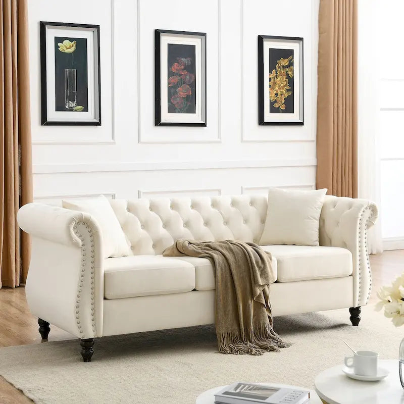 3-Seater Chesterfield Upholstered Tufted Sofa with Rolled Arms and Nailhead
