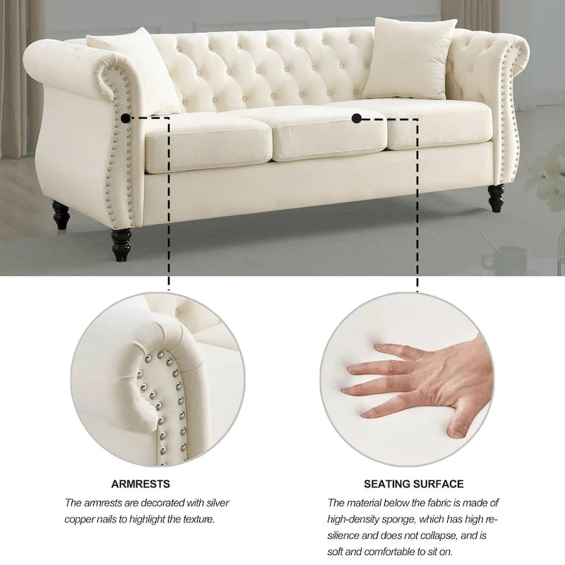 3-Seater Chesterfield Upholstered Tufted Sofa with Rolled Arms and Nailhead