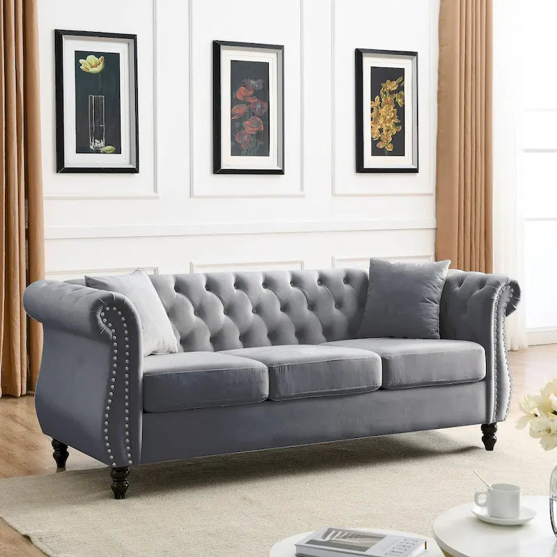 3-Seater Chesterfield Upholstered Tufted Sofa with Rolled Arms and Nailhead