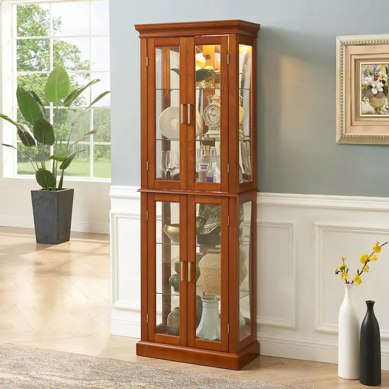 Curio Cabinet Lighted Curio Diapaly Cabinet with Adjustable Shelves, Tempered Glass Doors(E26 light bulb not included)
