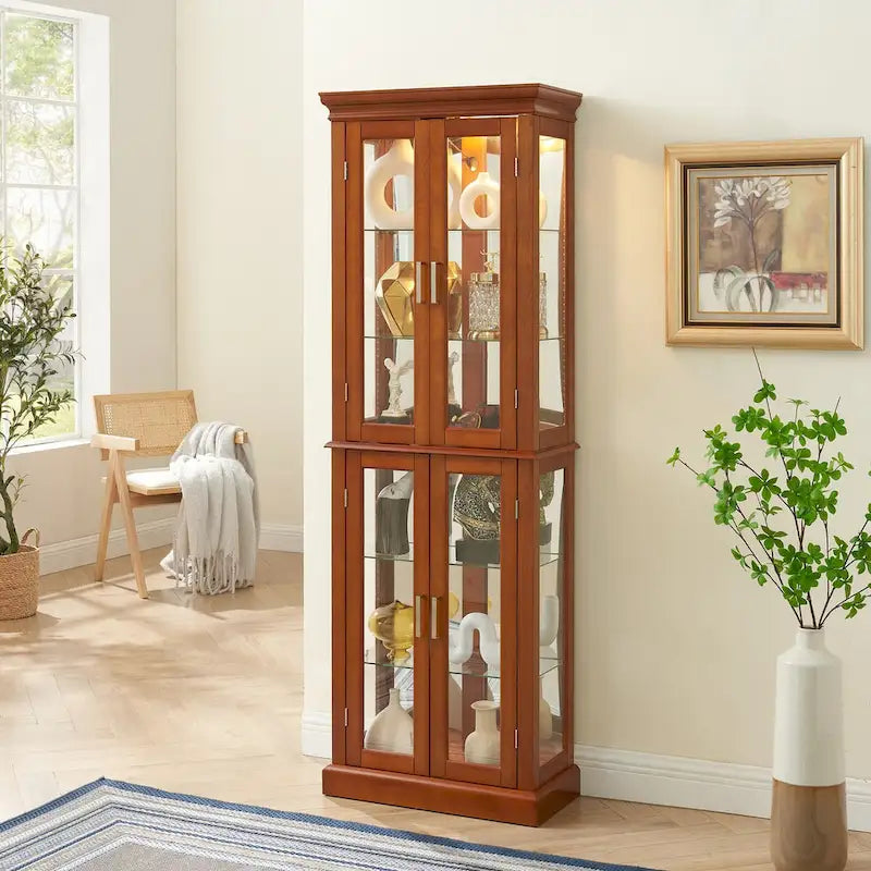 Curio Cabinet Lighted Curio Diapaly Cabinet with Adjustable Shelves, Tempered Glass Doors(E26 light bulb not included)