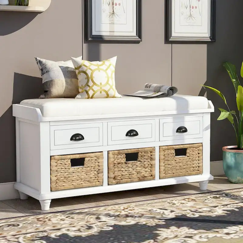 Rustic Storage Bench with 3 Drawers and 3 Rattan Baskets