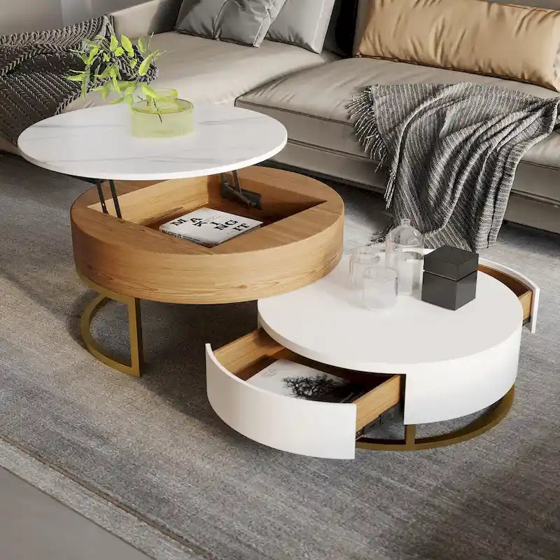 Round Wood Lift-top Nesting Coffee Table with Rotatable Drawers