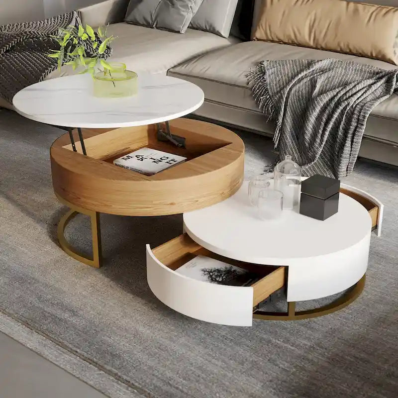 Round Wood Lift-top Nesting Coffee Table with Rotatable Drawers